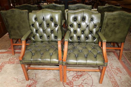 Set 10 buttoned leather elbow chairs (check fire regs)